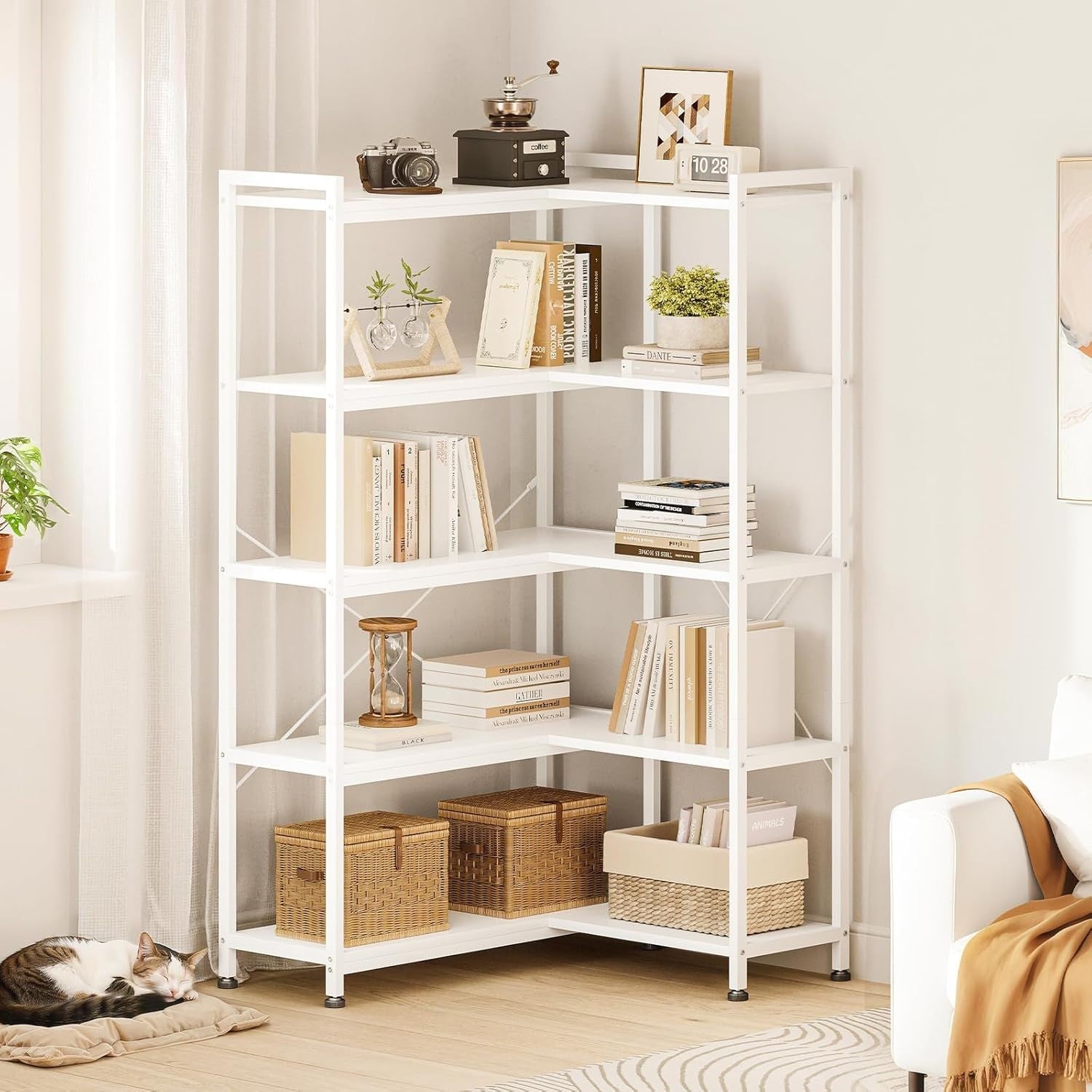 5 Tier L Shaped Corner Bookcase White Metal & Wood Storage Shelf