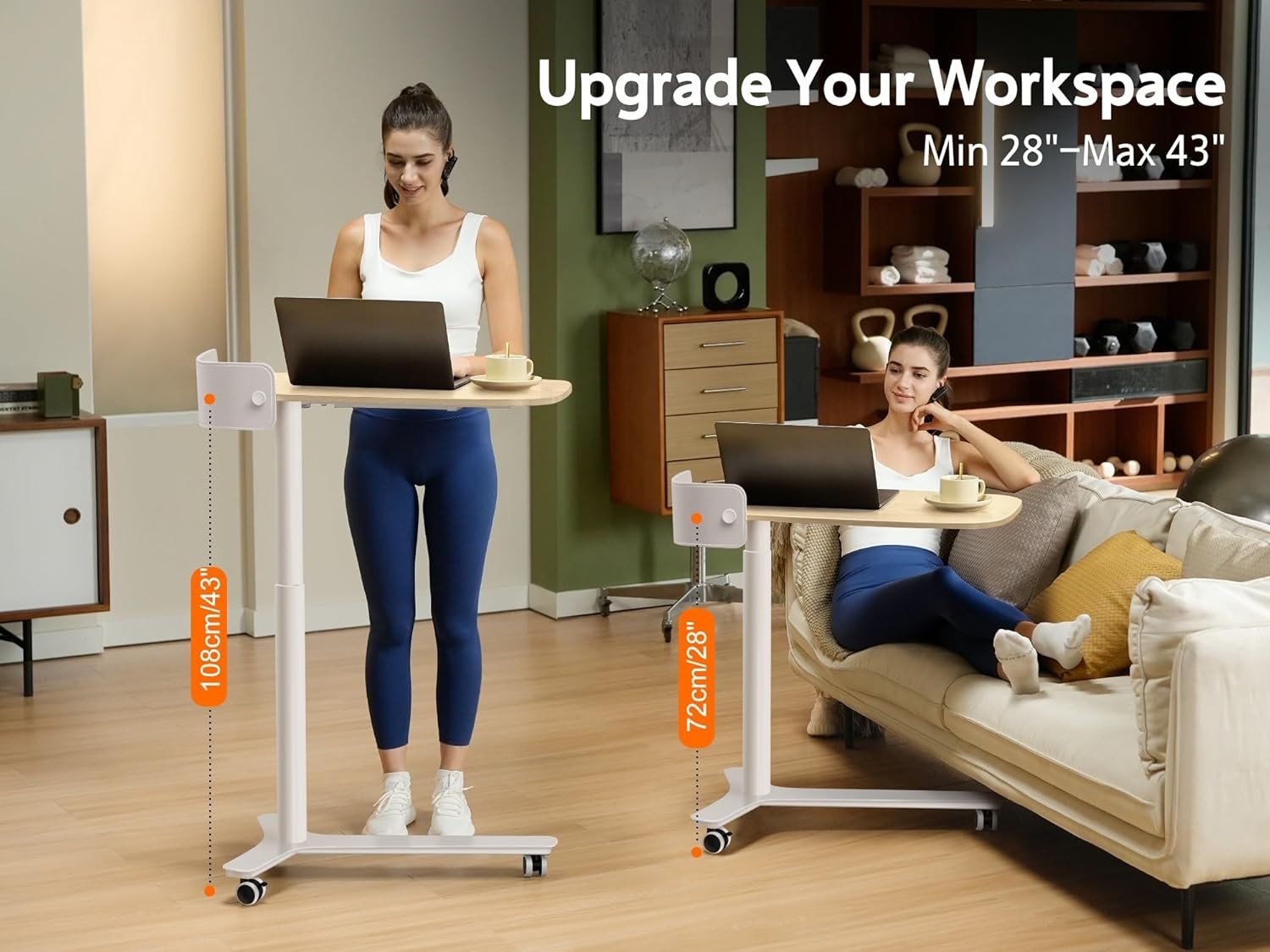 Mobile Standing Desk on Wheels Adjustable Pneumatic Overbed Laptop Table