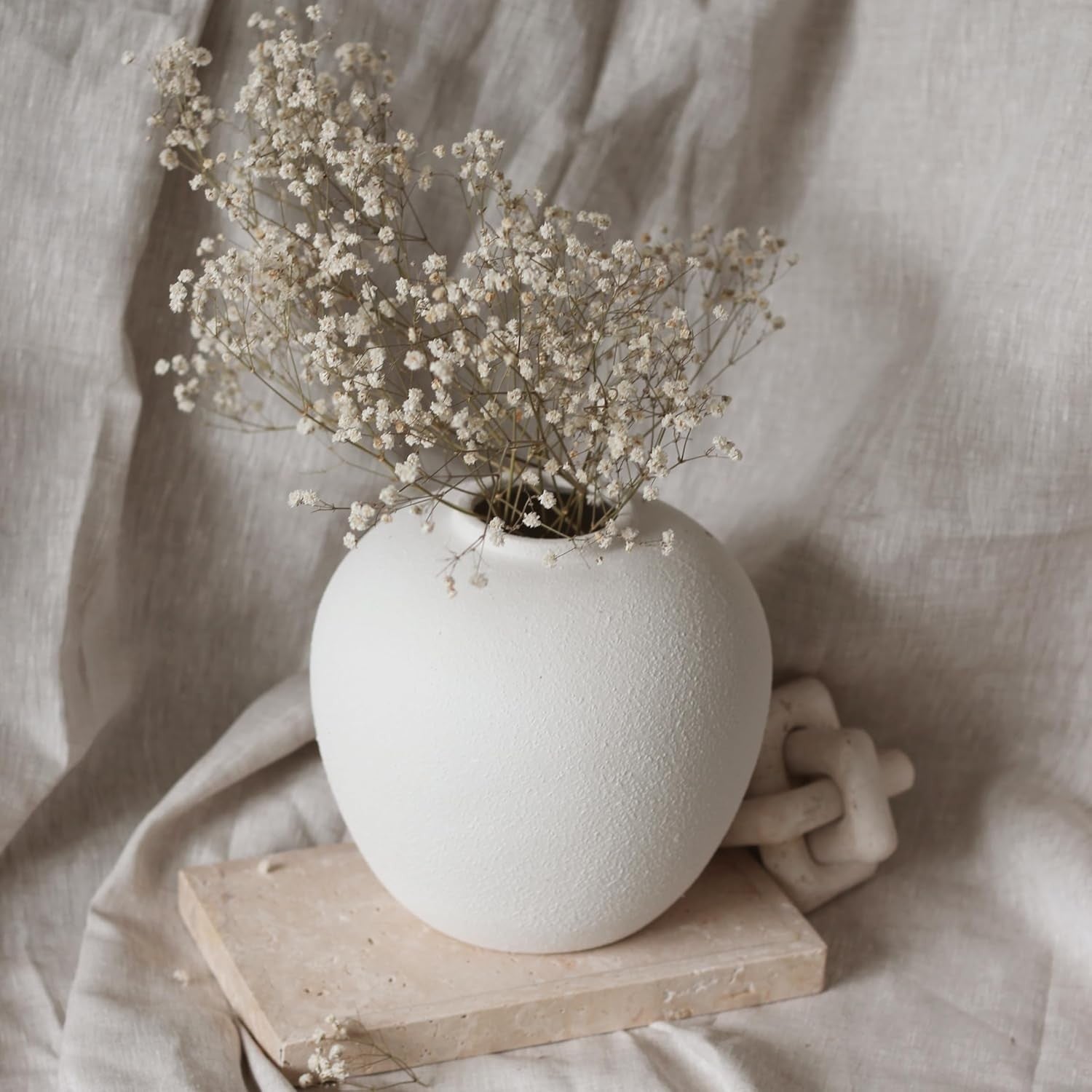 White Ceramic Flower Vase 20cm Round Minimalist Leak-Proof Home Décor
