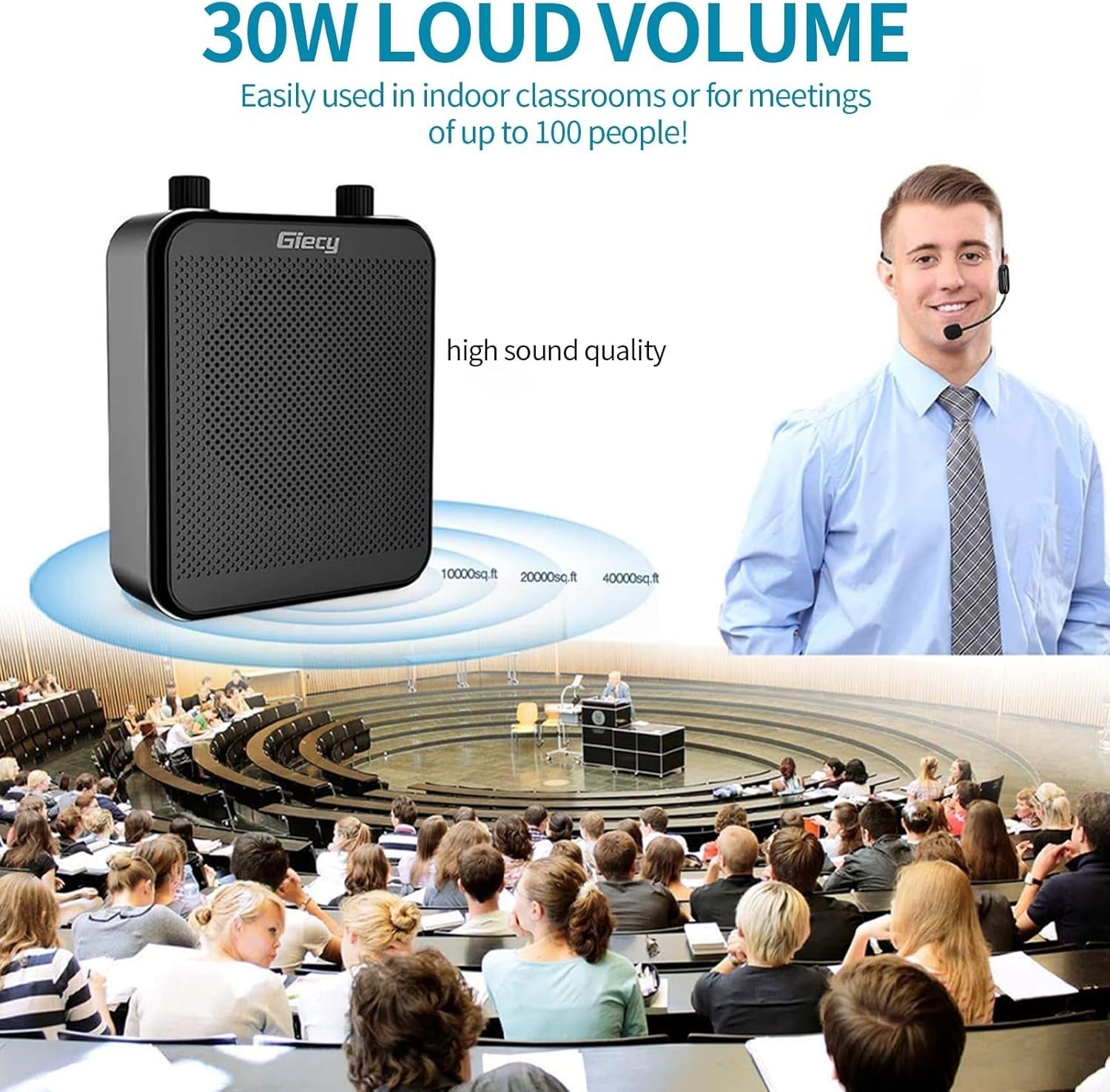 30W Portable Voice Amplifier UHF Wireless Mic Bluetooth Rechargeable