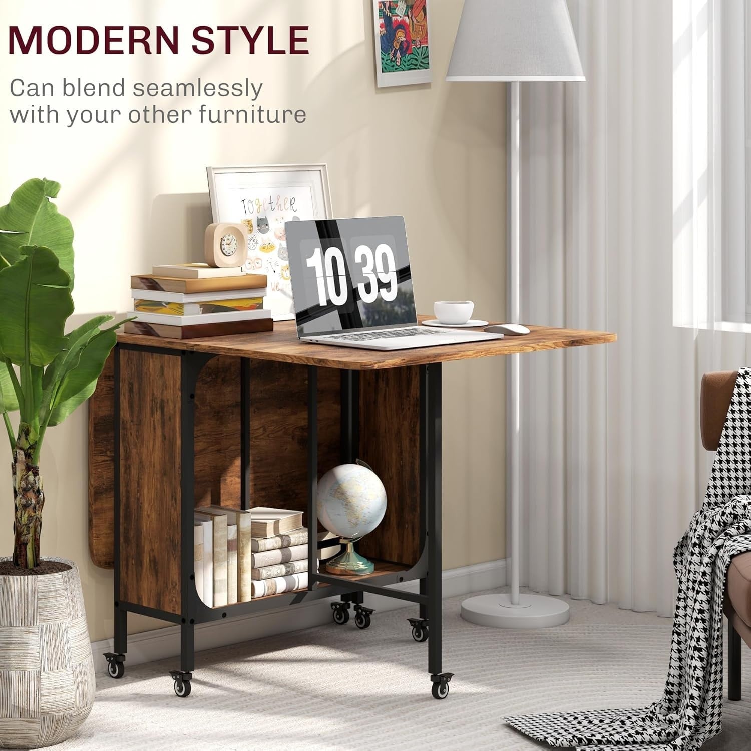 Rustic Folding Dining Table on Wheels with Shelf Drop Leaf Space Saver