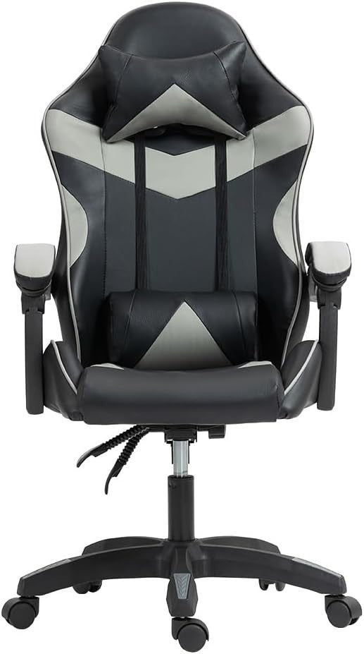 Ergonomic Grey Gaming Chair Swivel Faux Leather Adjustable Lumbar Office