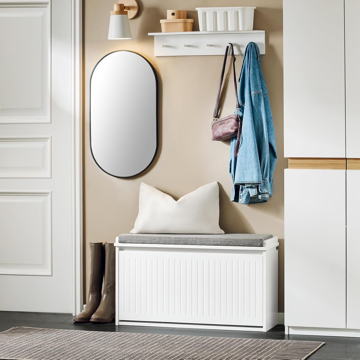 White Shoe Storage Bench with Cushion – Flip Drawer, Space Saving Seat 80cm