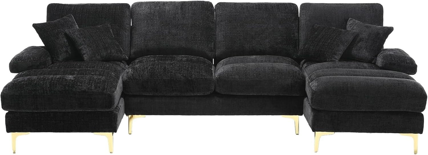 4 Seater U-Shaped Sofa Black Chenille Sectional with 2 Chaise Lounges