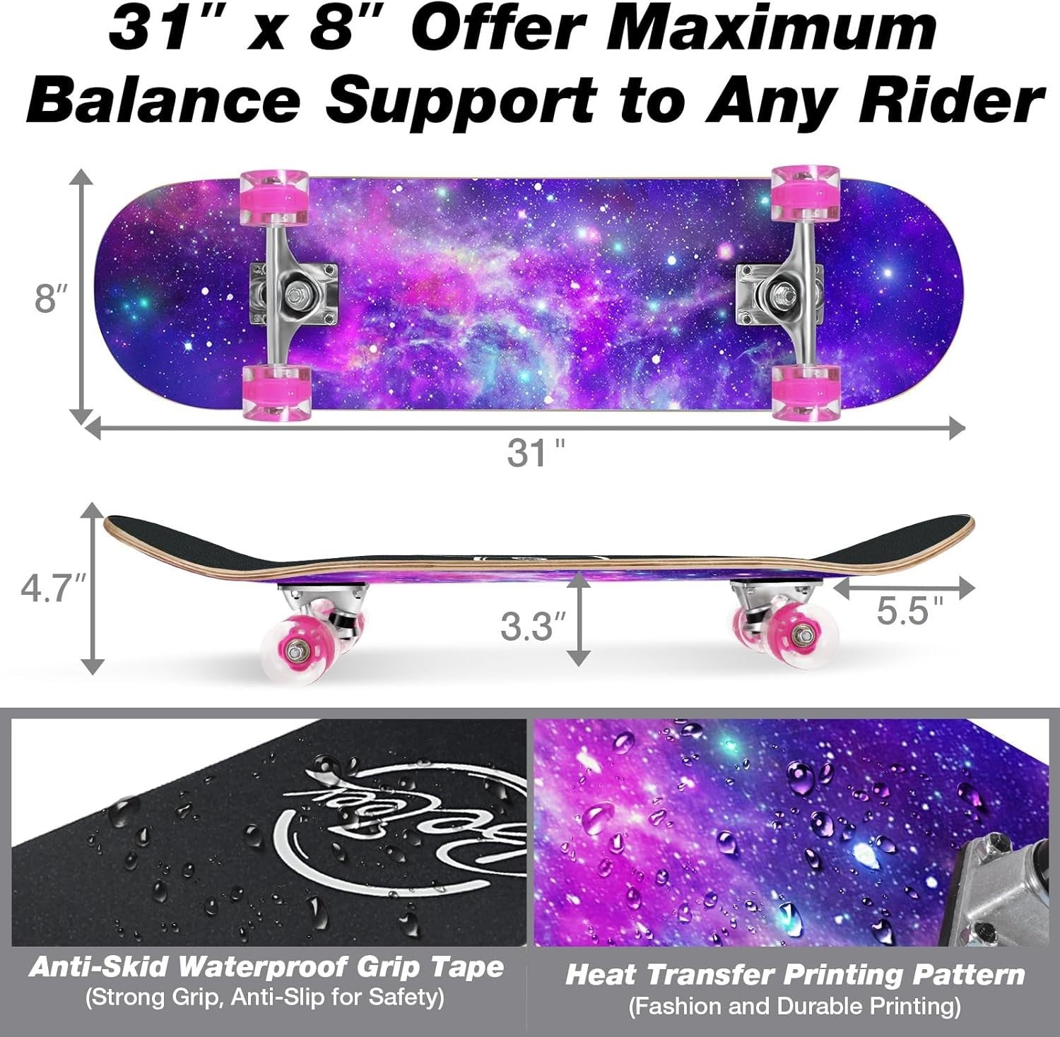 31x8 Maple Cruiser Skateboard Double Kick Concave Trick Board Purple