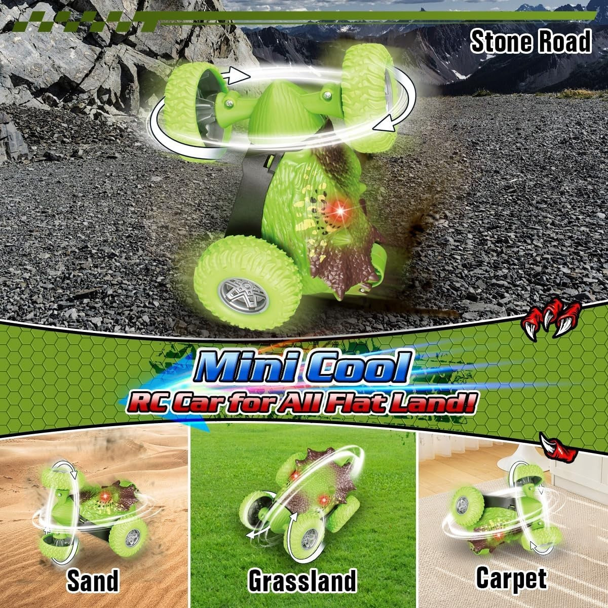 Dinosaur 360° Stunt RC Car for Kids Boys Girls with LED Eyes Toy Gift