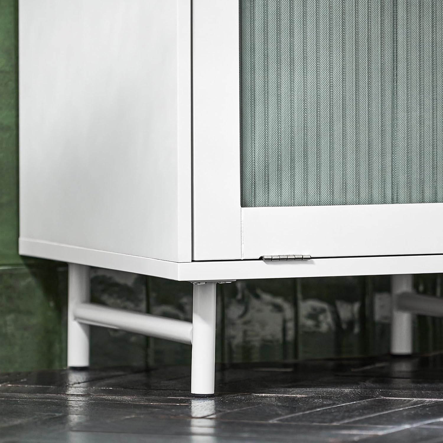 White Laundry Cabinet with Glass Door Drawer Tilt-Out Basket Slim Bathroom Unit