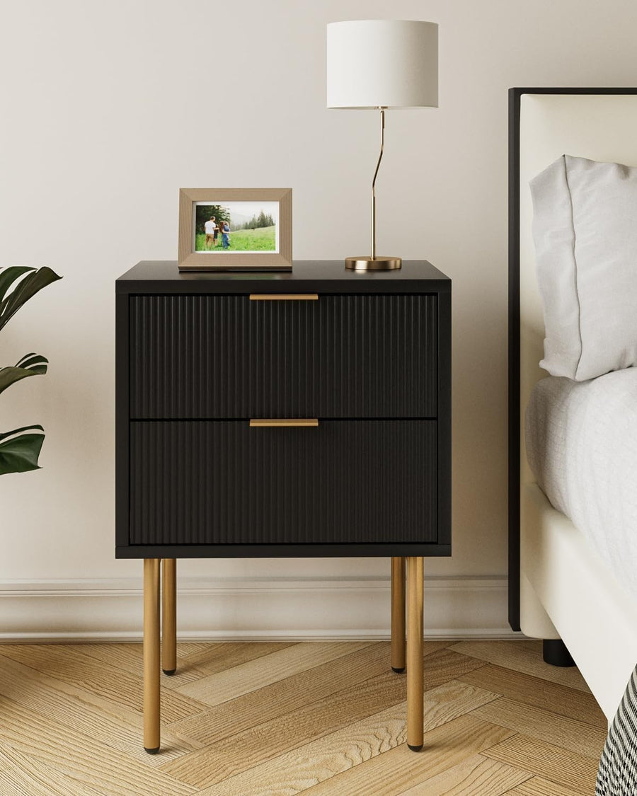 Modern Black Bedside Table with Gold Legs | 2 Drawer Nightstand