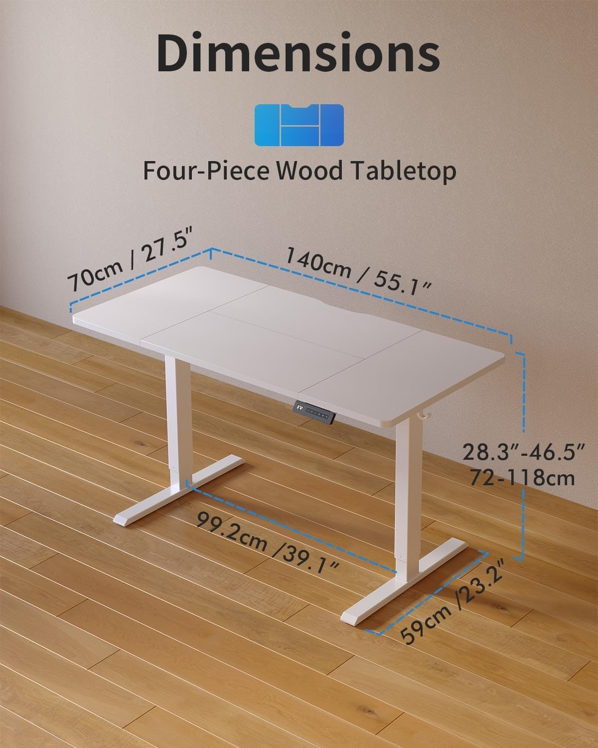 White 140x70cm Electric Standing Desk with 4 Memory Presets & Quiet Motor