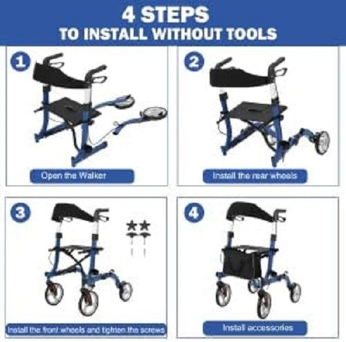 2 in 1 Rollator Walker Wheelchair with Seat Folding Adjustable Handle 150kg