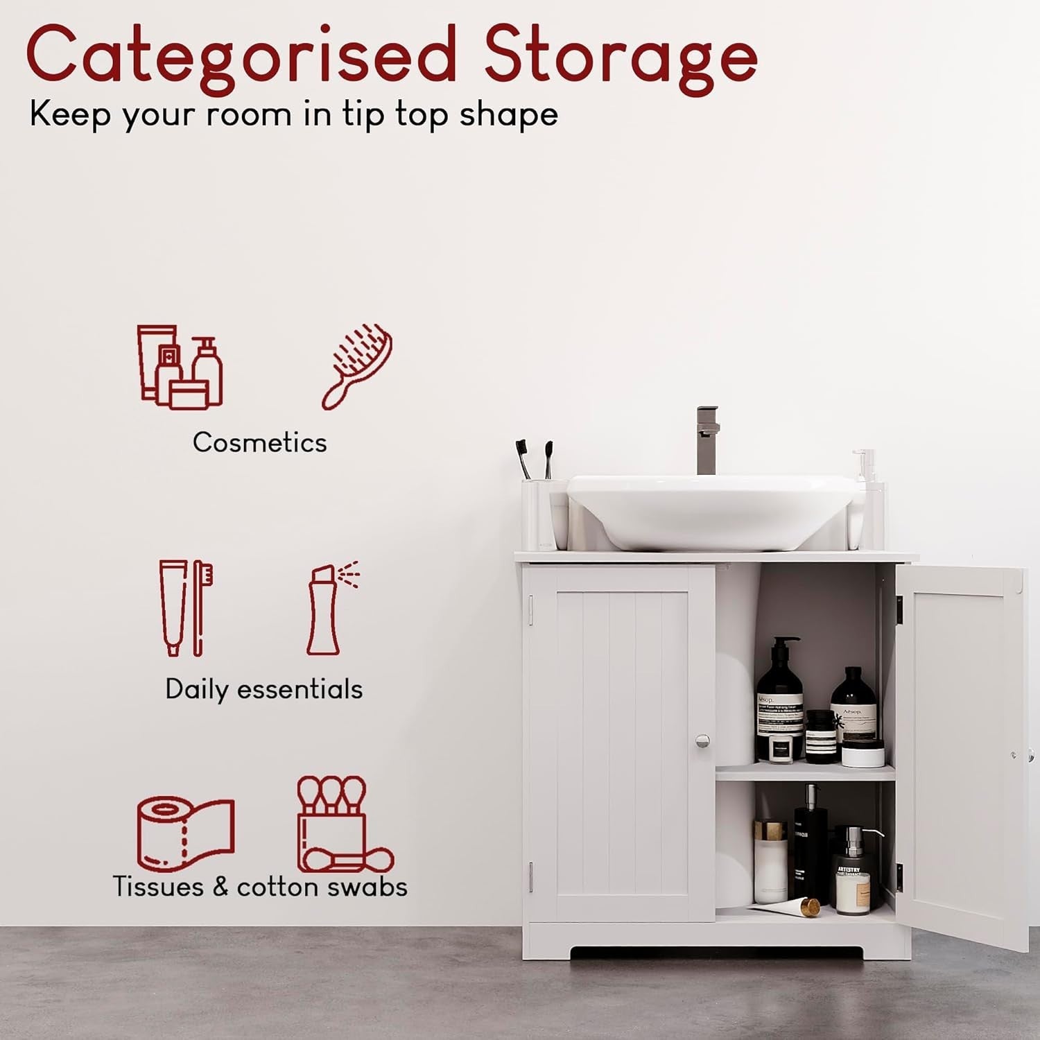 White Under Sink Bathroom Cabinet with 2 Doors & Space-Saving Shelf 60x30x60cm
