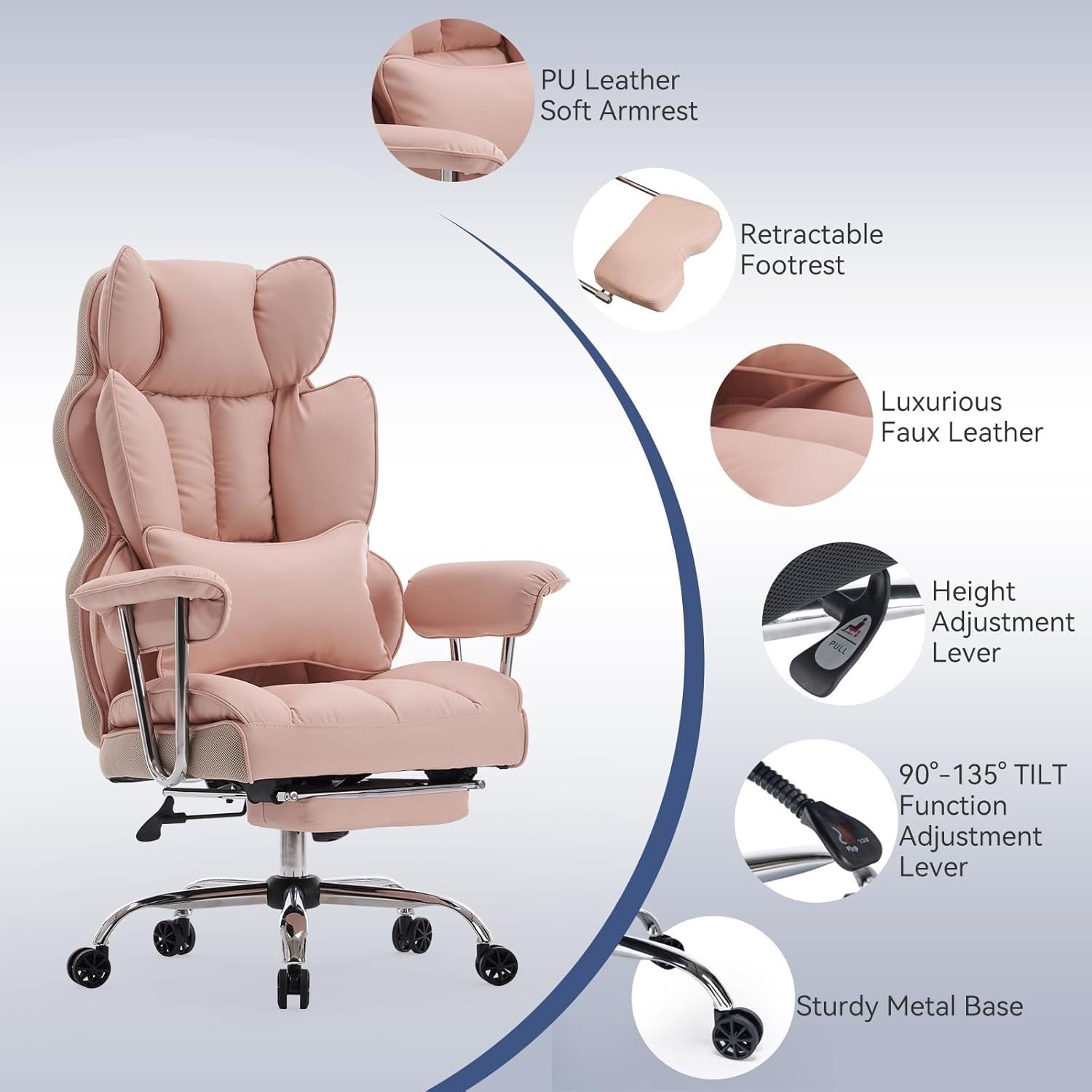 Oversized Executive Office Chair Pink Leather High Back Swivel Recliner Footrest