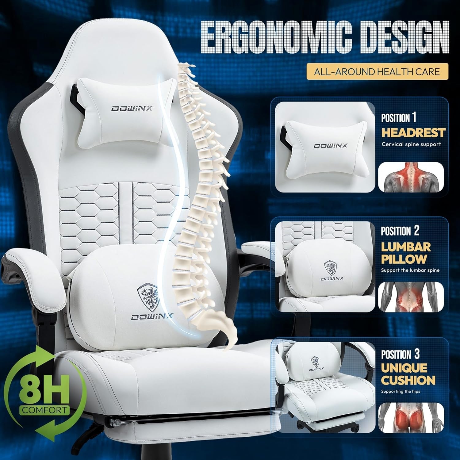 Heated Massage Gaming Chair Recliner Footrest Ergonomic White