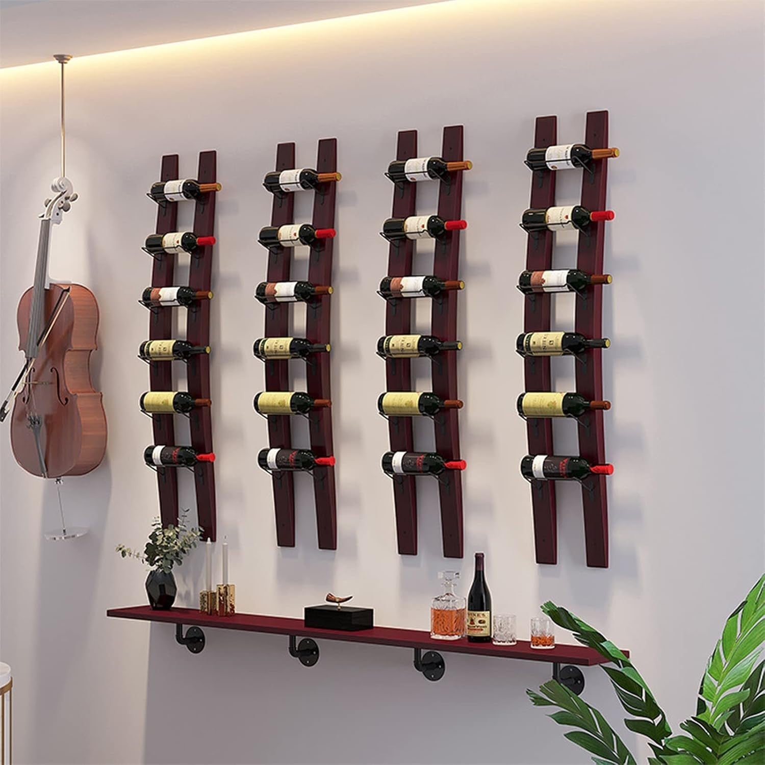 Wall Mounted 6 Bottle Wine Rack Rustic Wood & Iron Vertical Space Saving Display