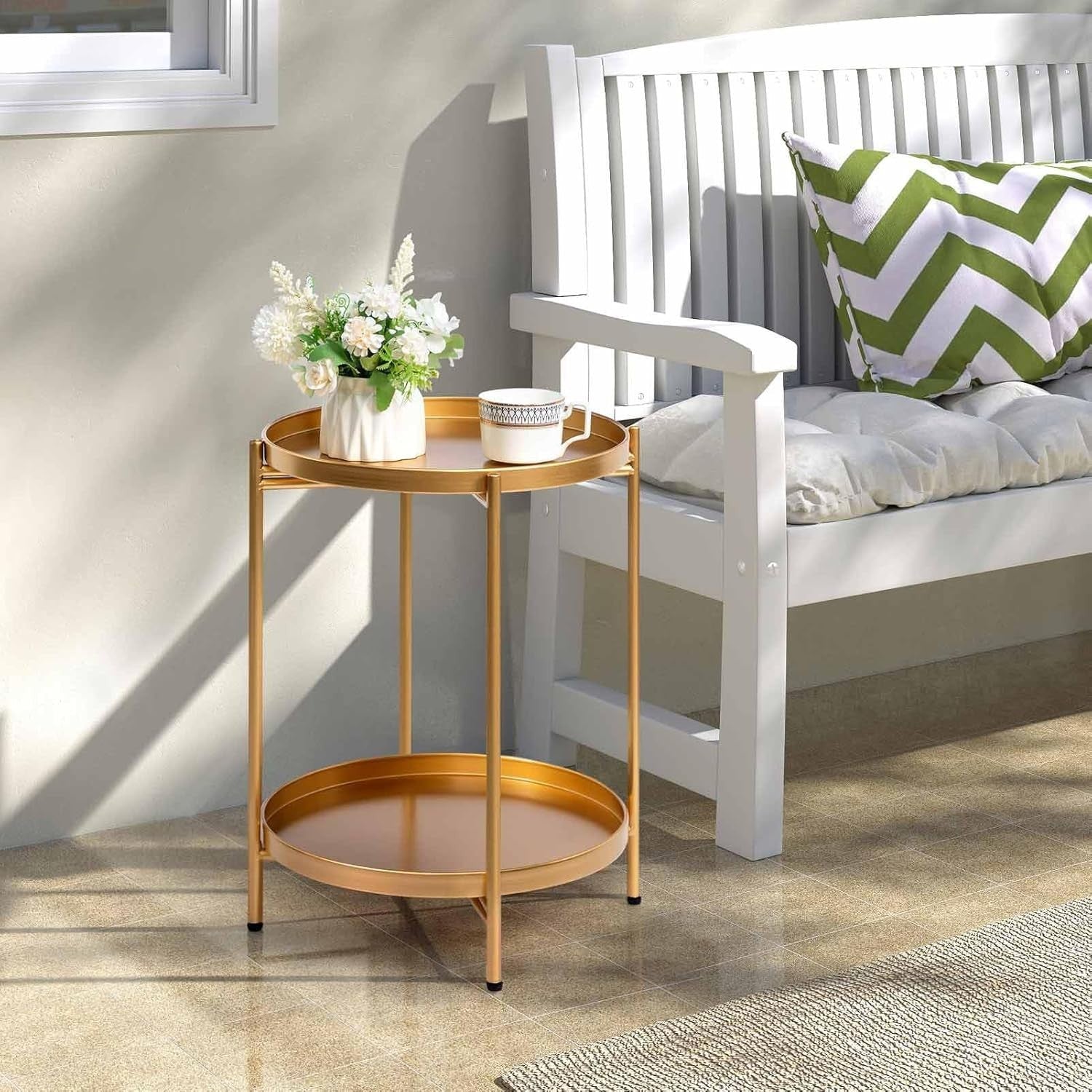 Gold Metal Round Side Table – 2 Tier Removable Tray, Small Coffee Table