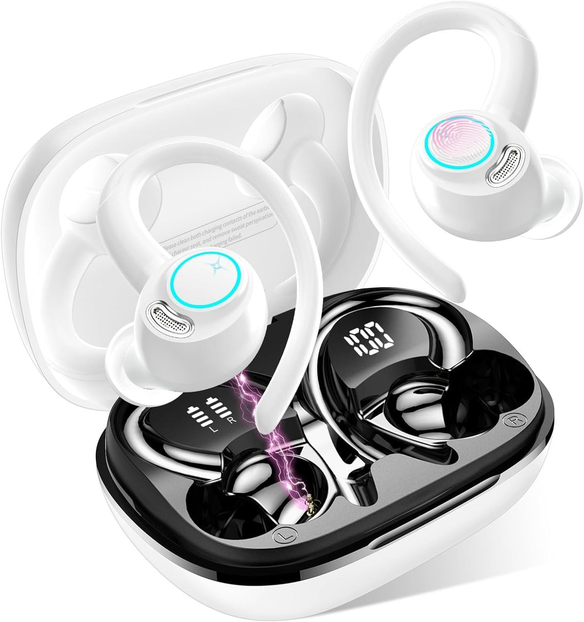 White Bluetooth 5.3 Earbuds ENC Mic 40H LED Display Sport IP7