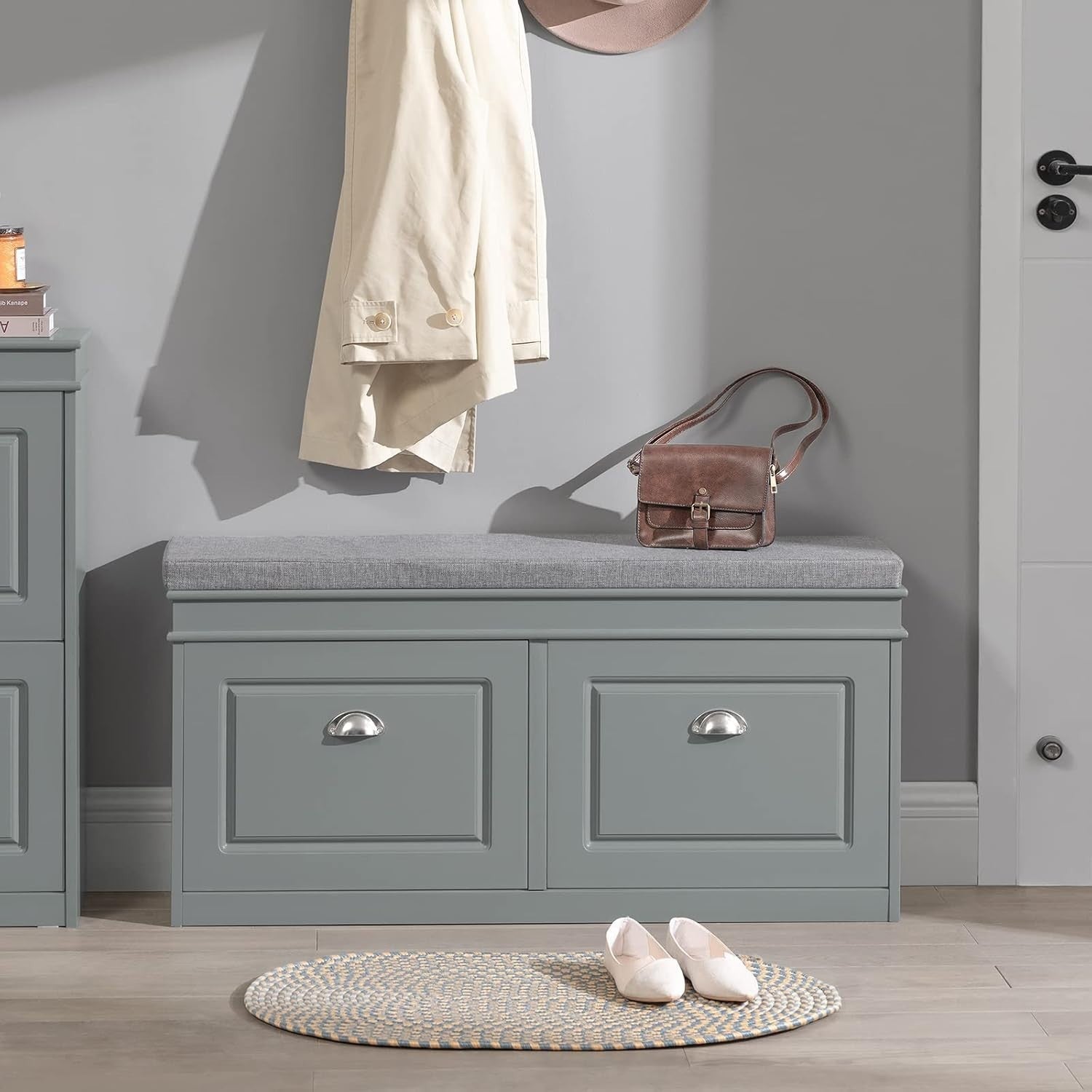 Modern Shoe Storage Bench with Cushion & 2 Flip-Drawers – Compact Grey Organizer