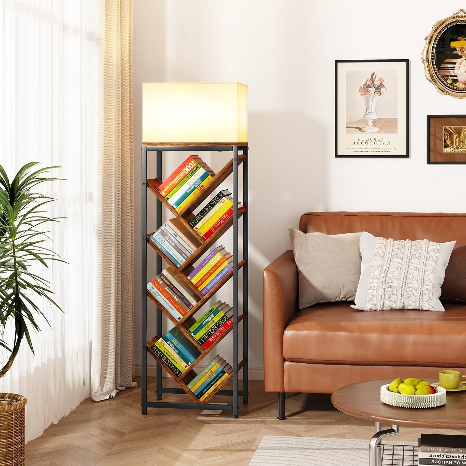 9-Tier Rustic Brown Tree Bookshelf Narrow Space Floor Standing Shelf