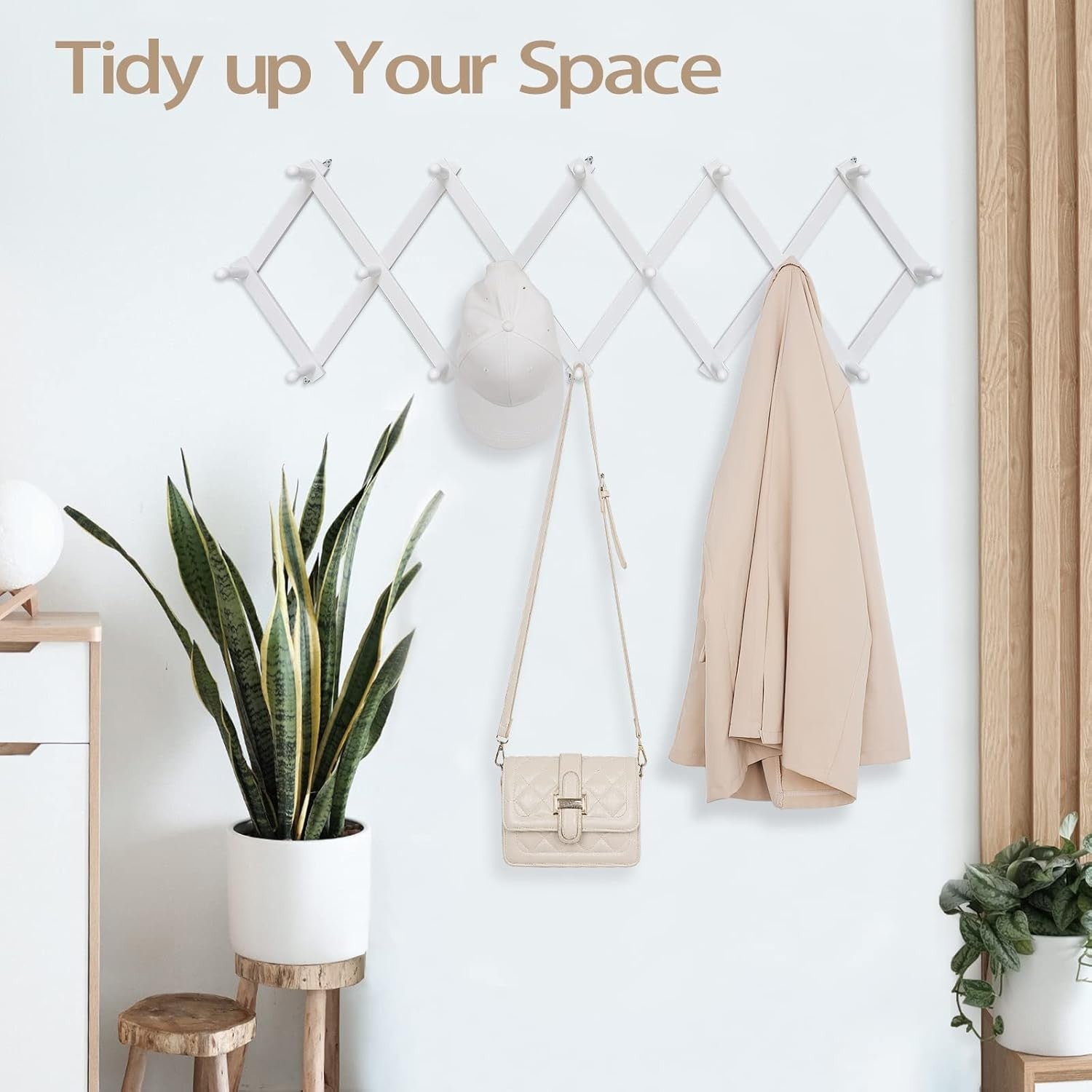 Expandable Wooden Wall Hat Rack White 16 Hooks Accordion Coat Hanger Organizer