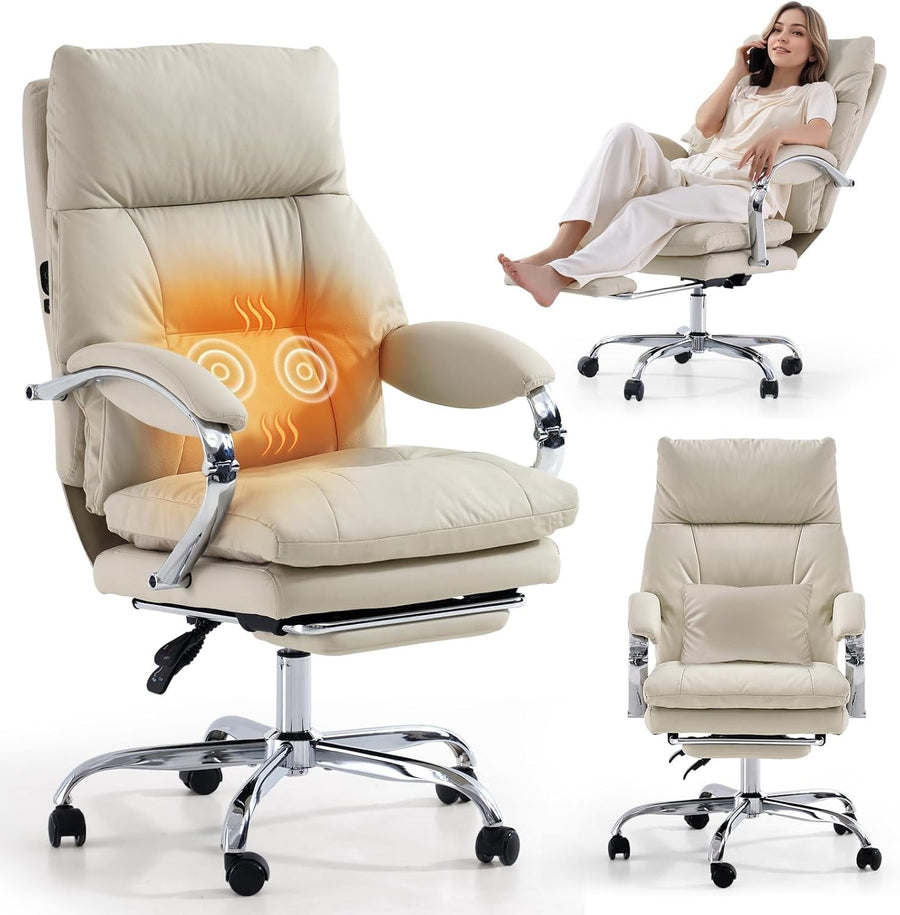 Heated Massage Office Chair Recliner Footrest Ergonomic High Back White
