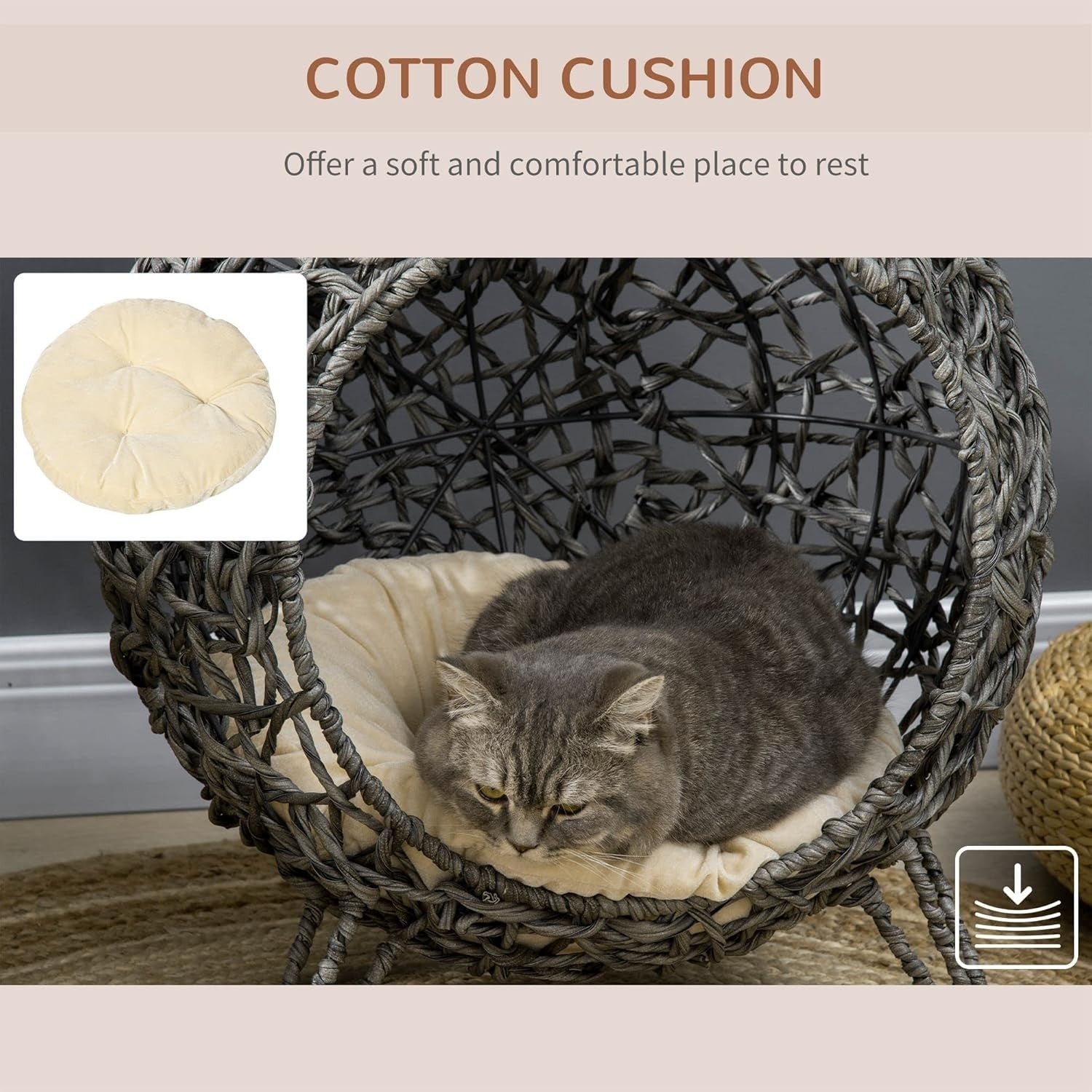 Rattan Elevated Cat Bed House Ball Shape w Cushion Ventilated Cave