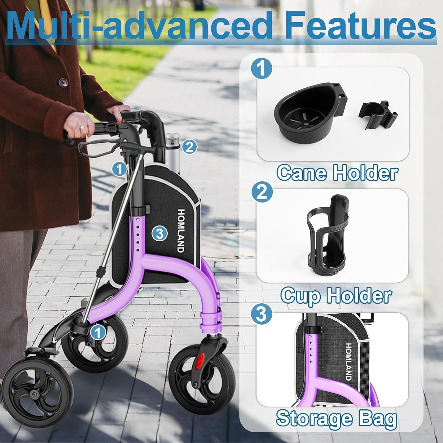 Lightweight 3 Wheel Rollator Walker Folding Adjustable Height Cane Cup Holder