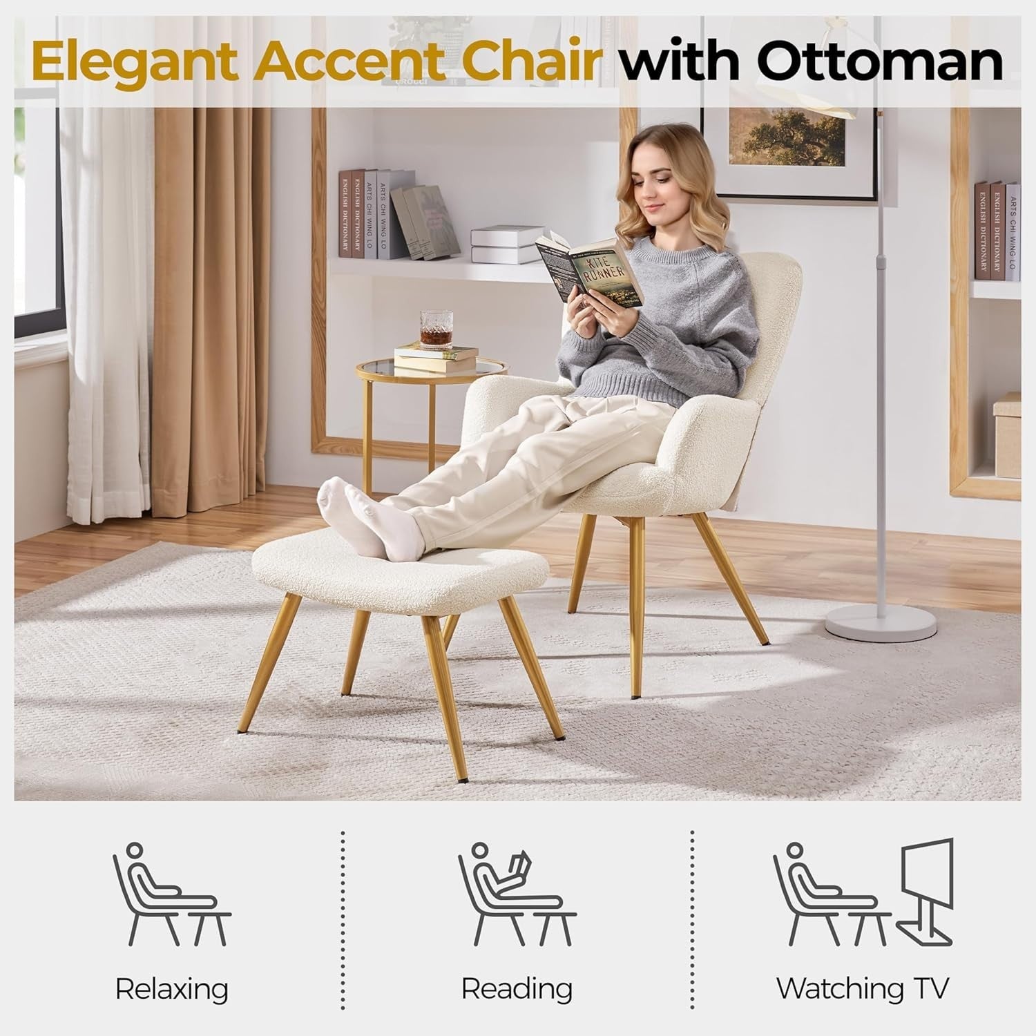 Cozy Ivory Boucle Armchair & Ottoman Set | Plush Lounge Chair with Metal Legs