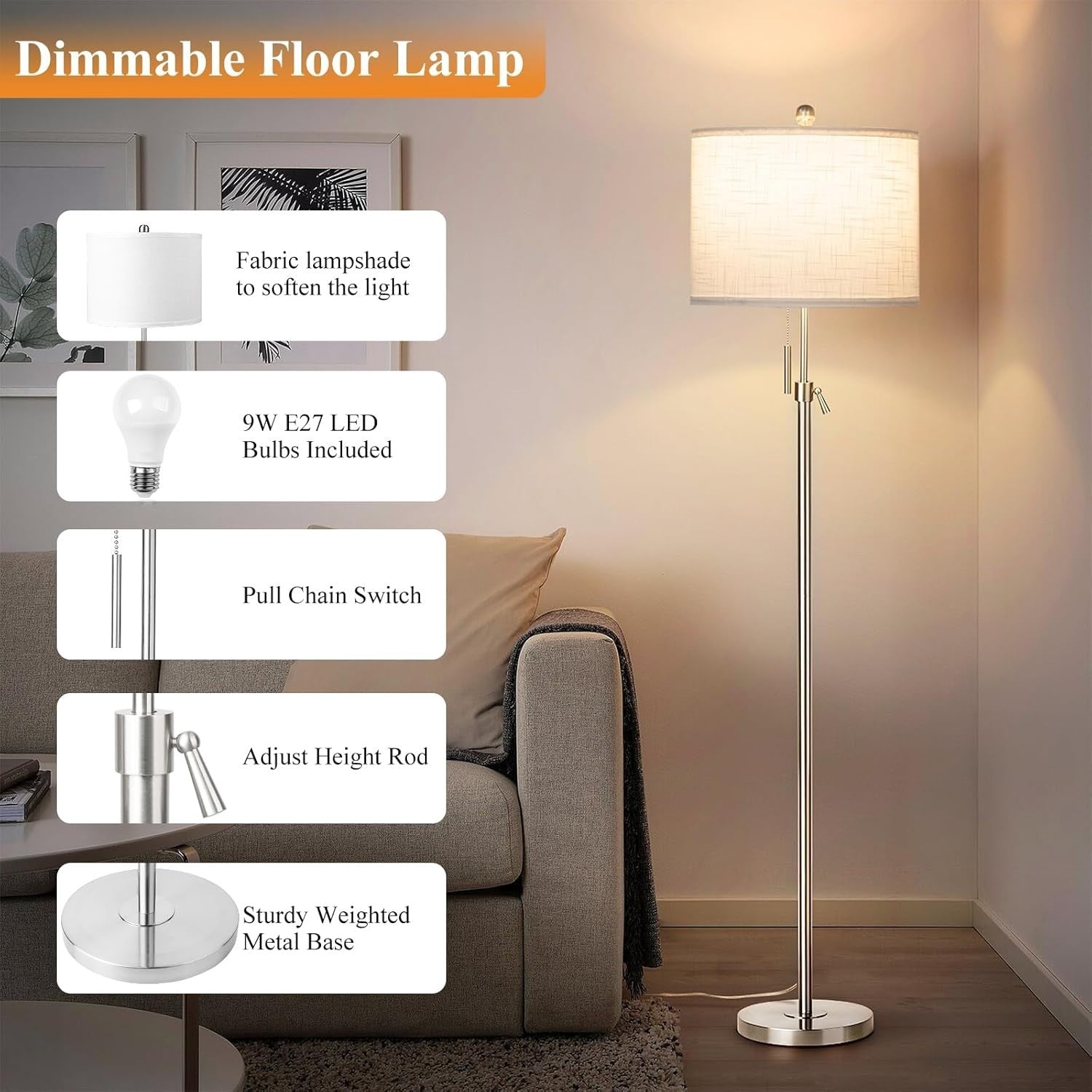 Adjustable Silver Floor Lamp with 3 Color Temps & Lampshade, E27 Bulb