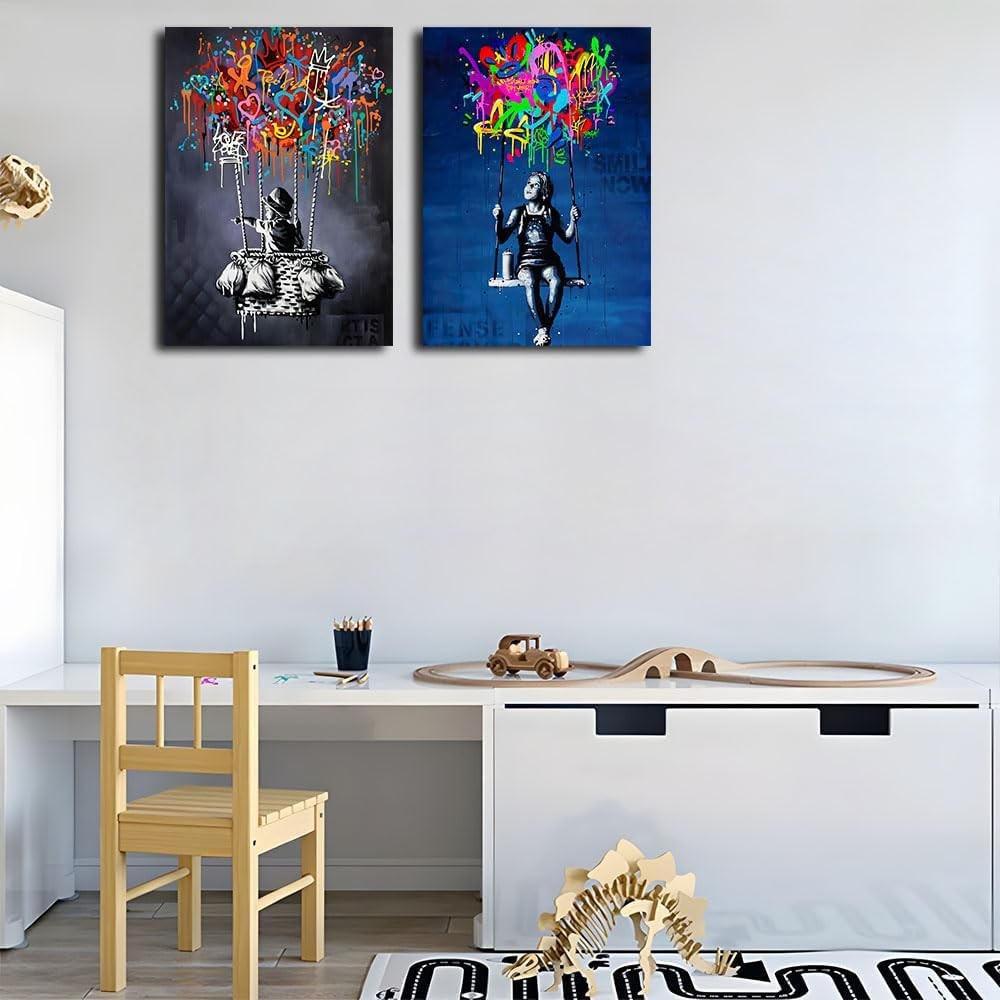 Banksy Street Graffiti Canvas – Large Colorful Abstract Wall Art 36x24in