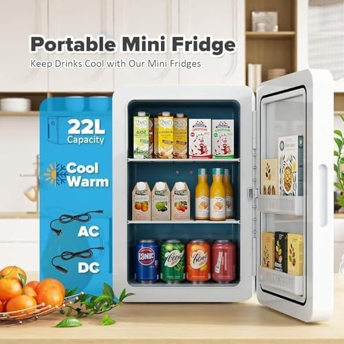 22L Mini Fridge Cooler & Warmer | Portable, Adjustable Shelves, 30 Cans White