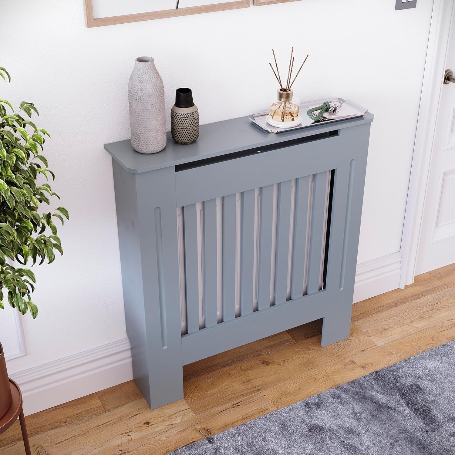 Small Dark Grey Radiator Cover Cabinet | Modern MDF Slatted Heater Cover
