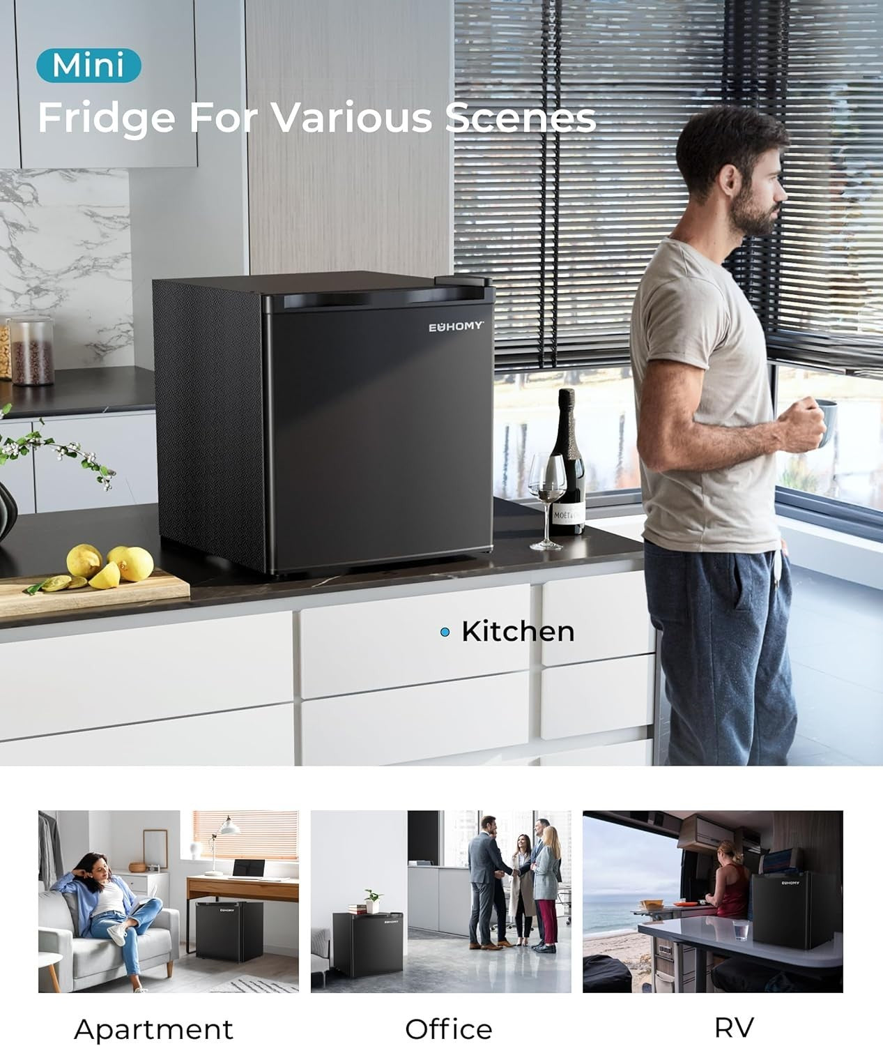 Mini Fridge 46L Compact Table Top Freezer 7-Level Thermostat Black