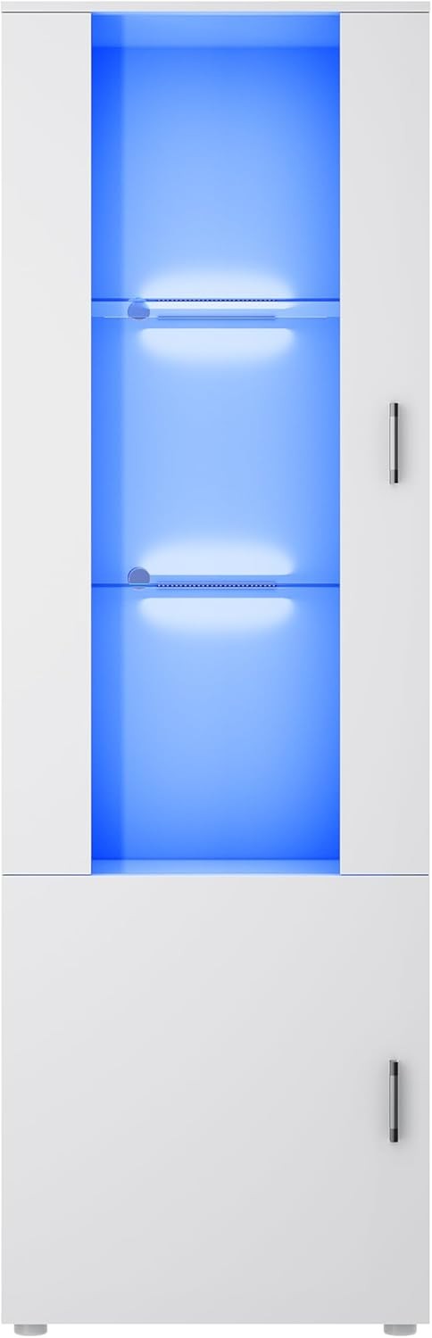 Tall LED Display Cabinet in White High Gloss with Glass Shelves 187cm