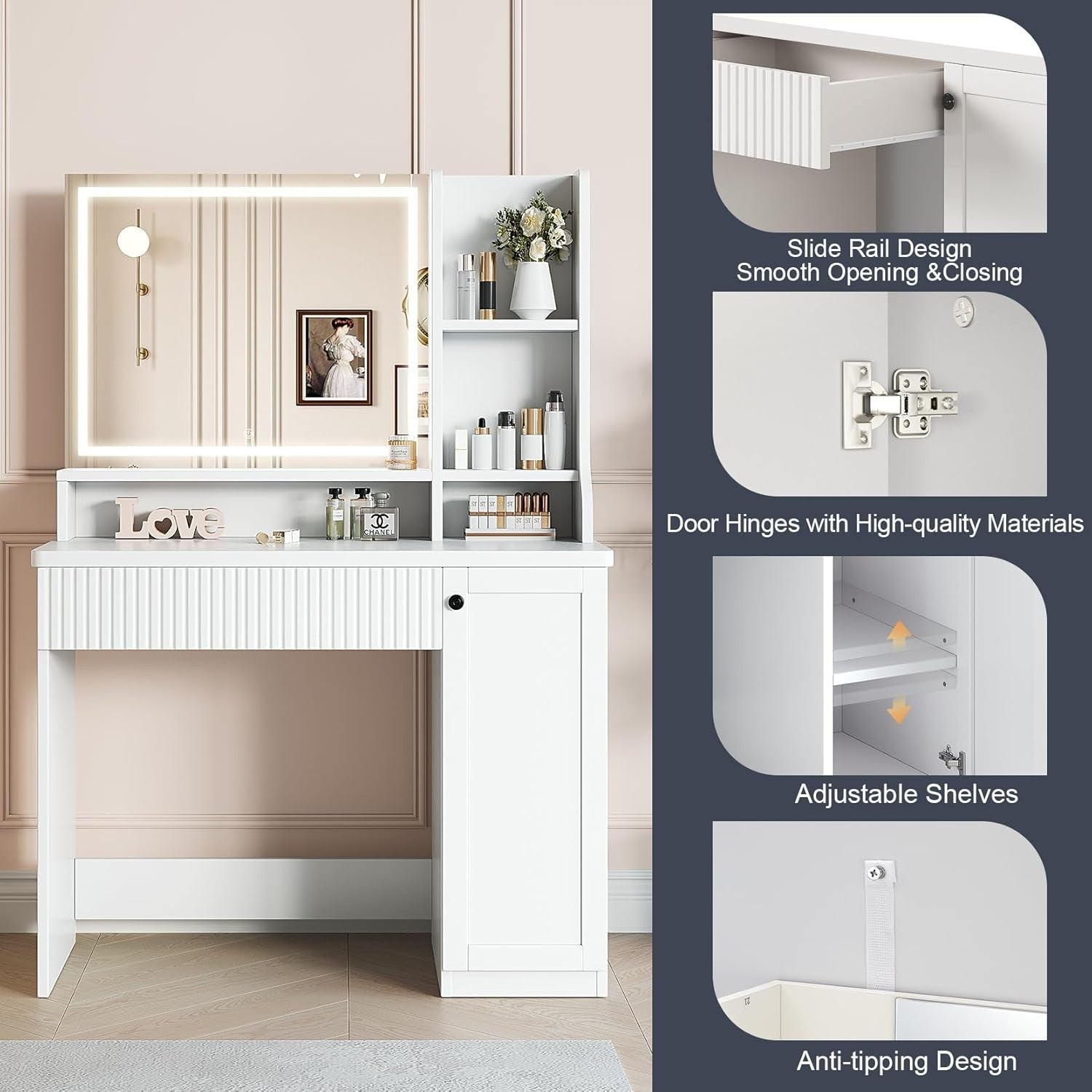 White Vanity Dressing Table Makeup Desk Mirror LED Light Storage Drawer Shelves