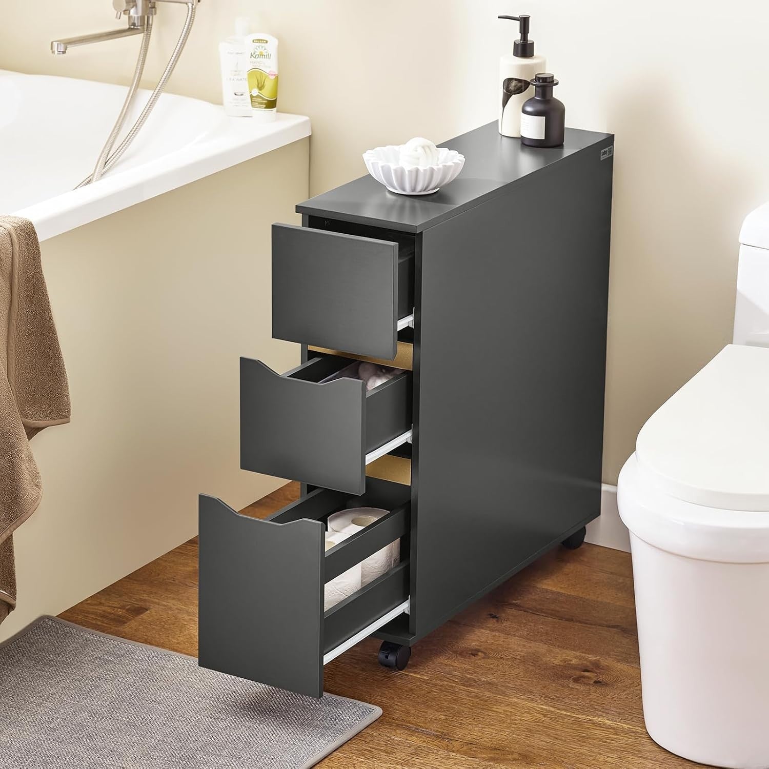 Slim Bathroom Storage Cabinet on Wheels 3 Drawers Dark Grey 20x60x70cm
