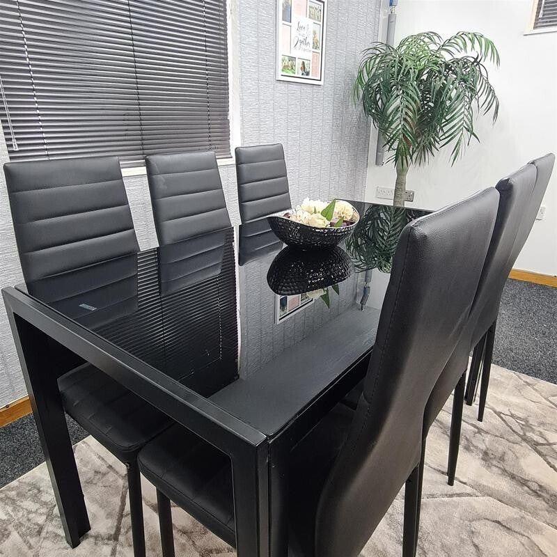 Black Glass Dining Table Set with 6 Leather Chairs Modern 6 Seater 134cm