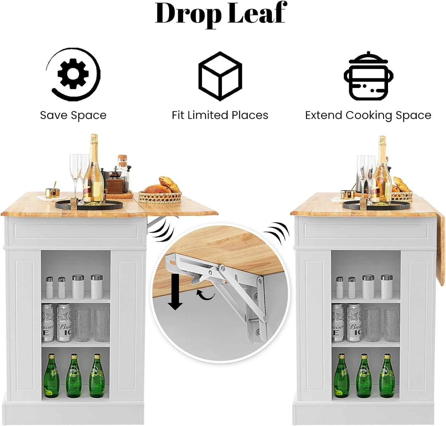 Extendable Kitchen Island Cart with Storage Drawers, Adjustable Shelves.