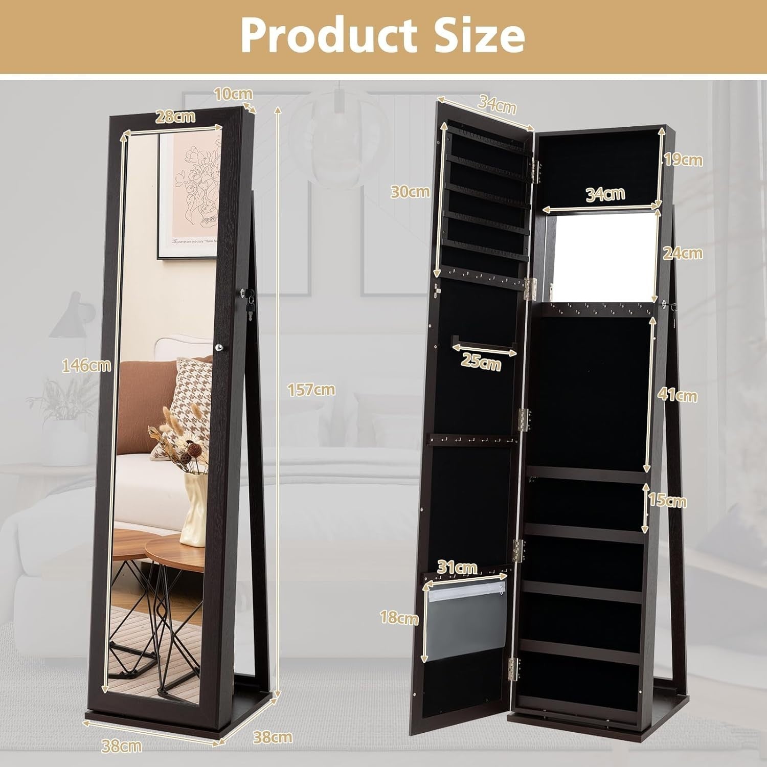 Espresso Jewelry Cabinet Mirror Lockable 3-in-1 Freestanding Storage