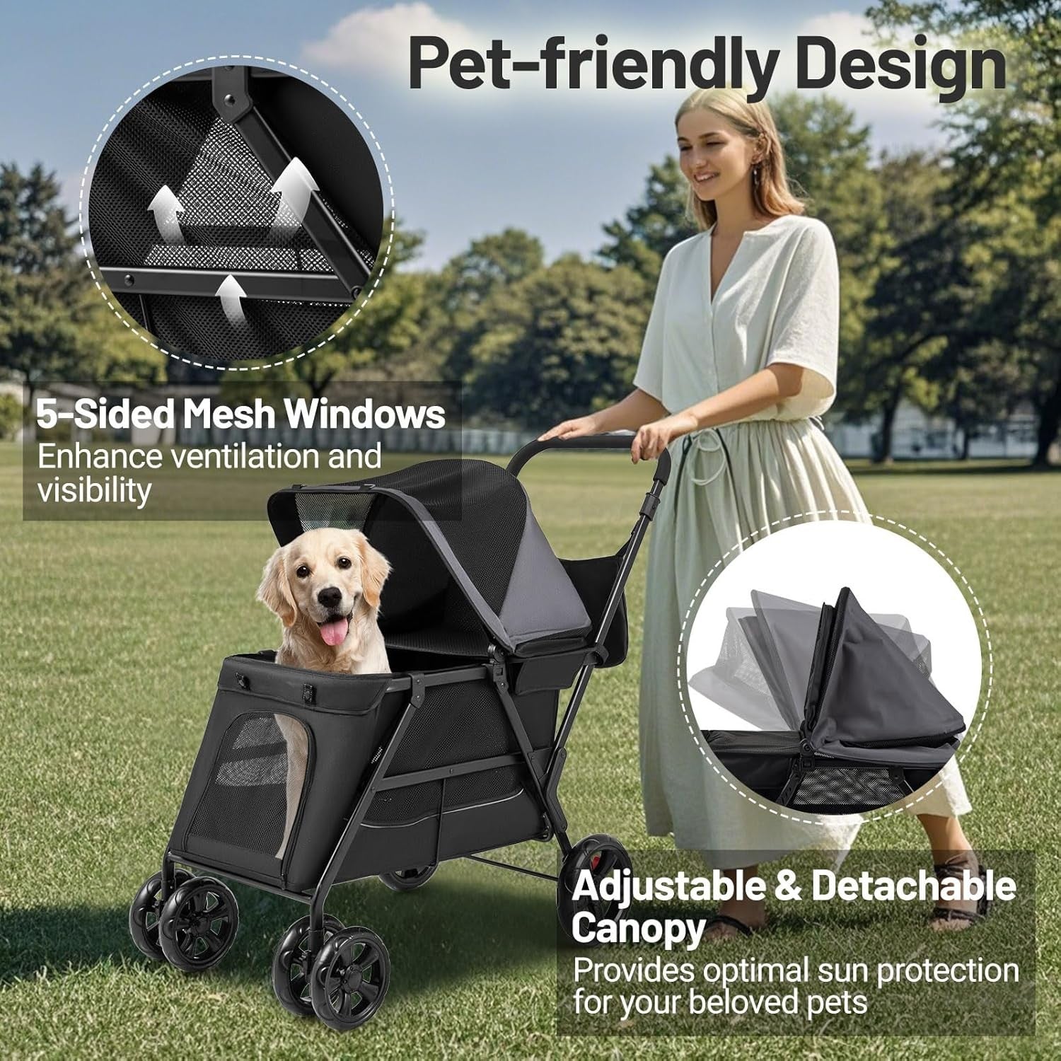 Foldable Dog Stroller Pet Pushchair Ramp Entry 4 Wheel Travel Buggy