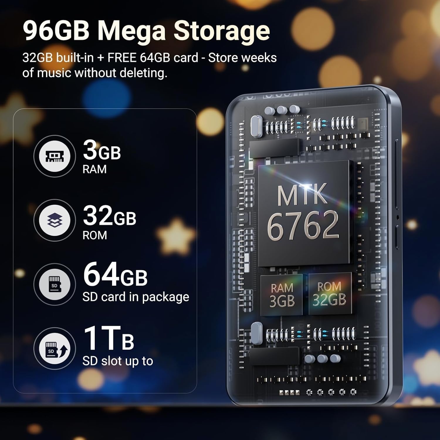 96GB MP3 Player Bluetooth WiFi 4" Touch Screen FM Speaker