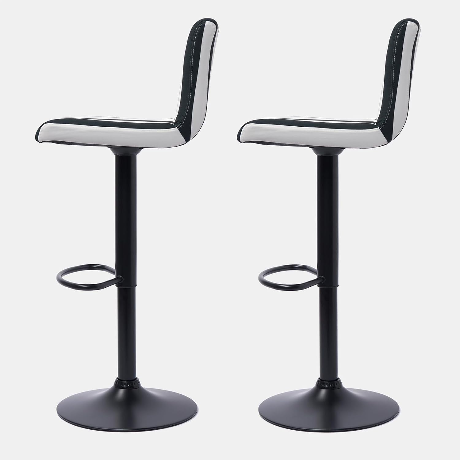 Set of 2 Adjustable Black & White Velvet Bar Stools with Swivel & Footrest