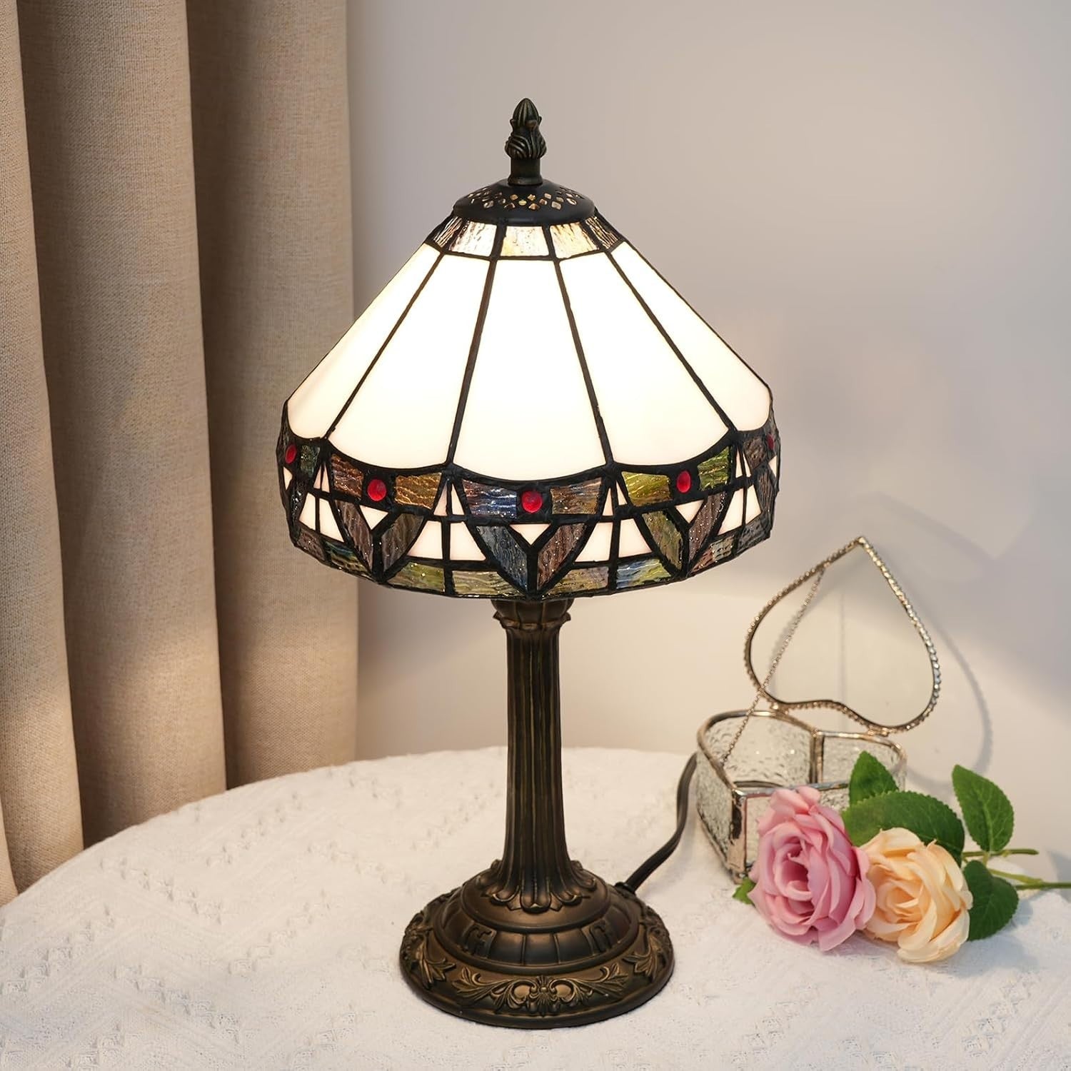 Stained Glass Table Lamp Rome Style 8x14 Inch Bedside Light Decor