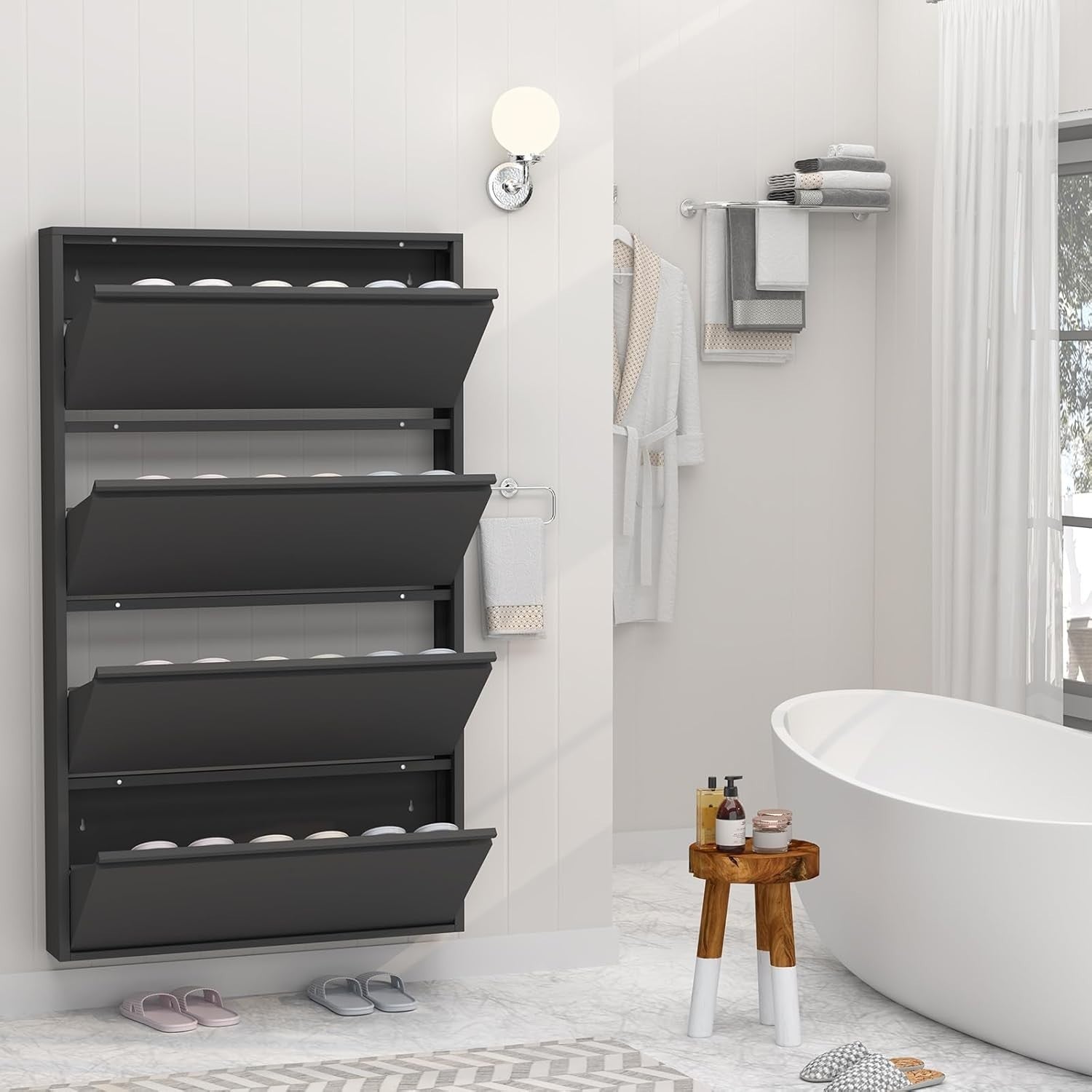 Wall Mounted Narrow Metal Shoe Cabinet 4 Flip Drawers Space Saver