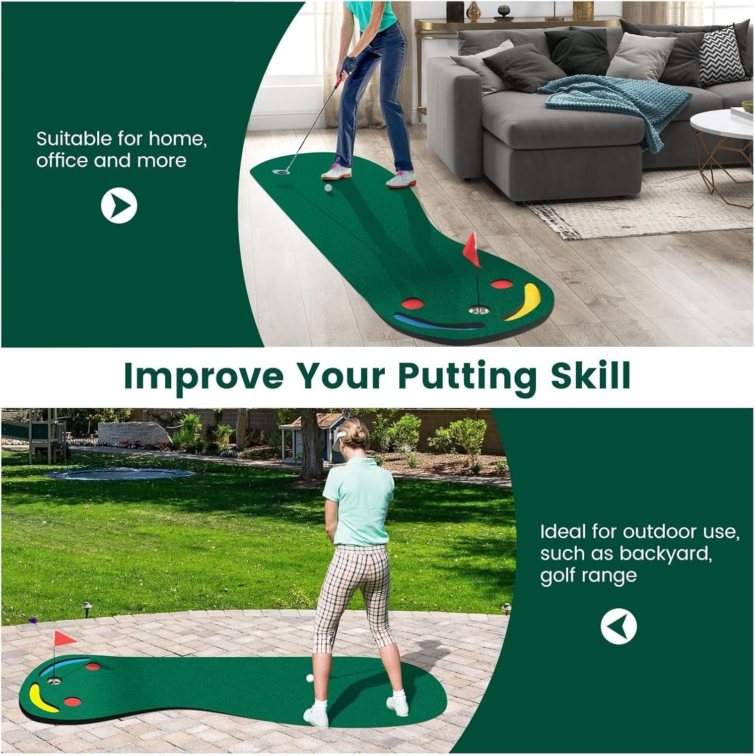 Golf Putting Green Mat Indoor Outdoor Training Set 3 Holes Flag Practice