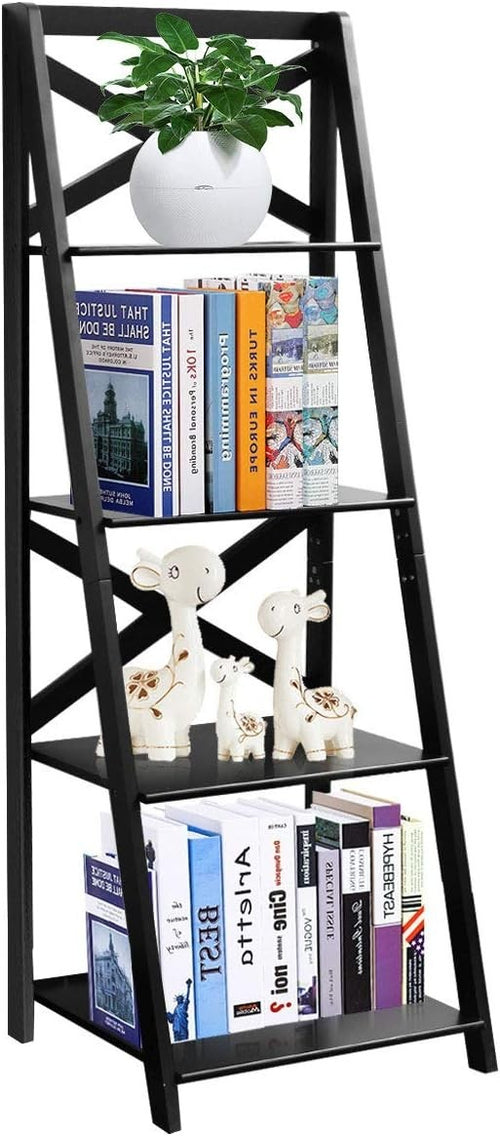 Modern 4 Tier Ladder Shelf Bookcase Leaning Display Storage Unit Black