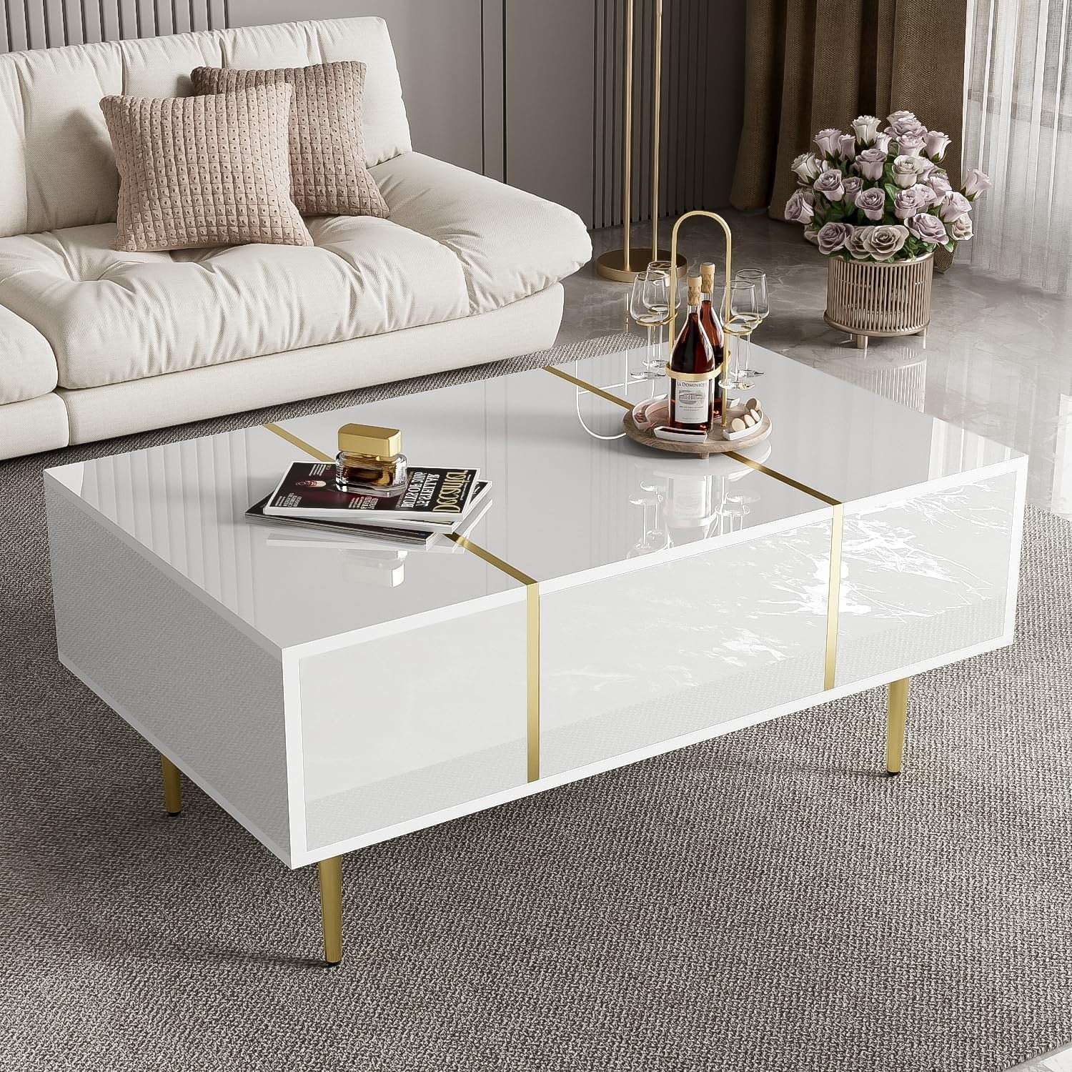 White High-Gloss Coffee Table with Storage Drawers & Gold Accents, 100x60x41cm