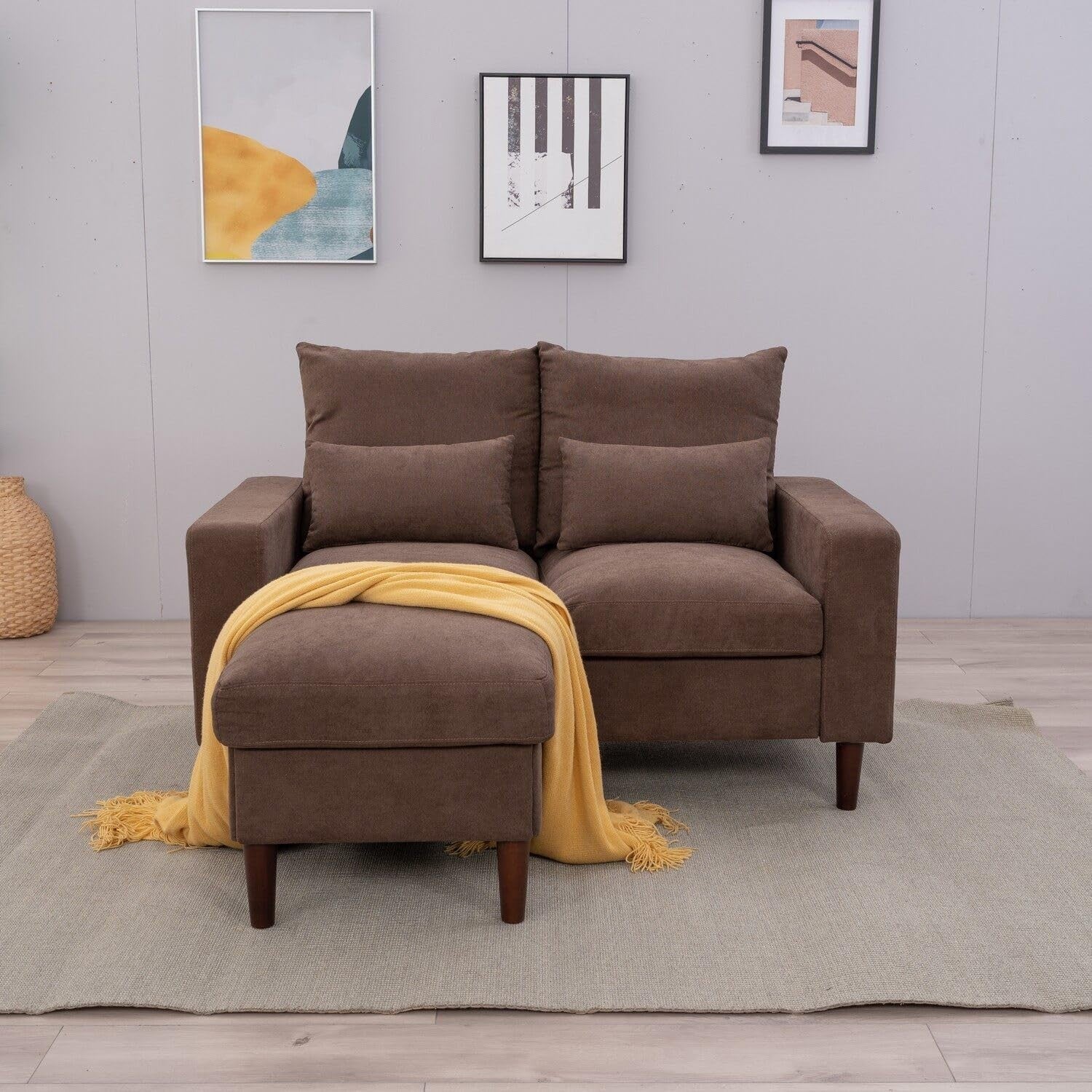 2 Seater Sofa Brown with Footstool Linen Fabric Small Couch + 2 Cushions