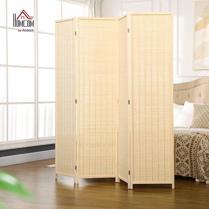 Natural 4 Panel Folding Room Divider 180x180cm Wooden Woven Privacy Screen