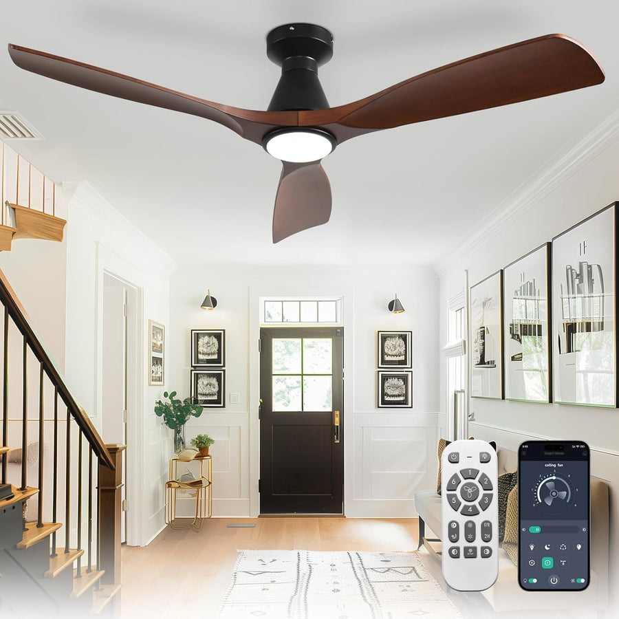 52-Inch Walnut Ceiling Fan with Light, Quiet DC Motor, Remote Control