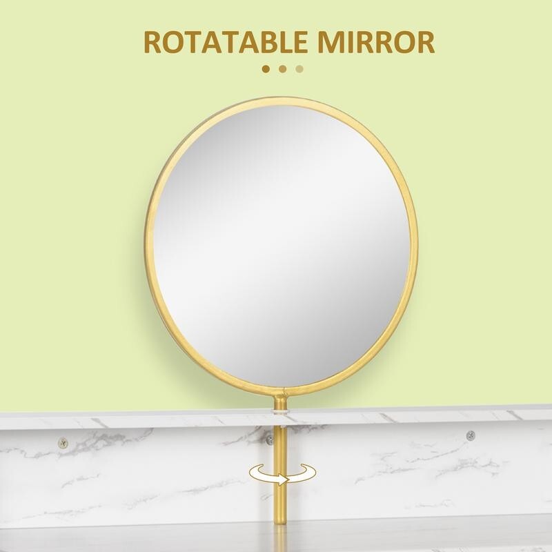 Modern White Vanity Desk w/ Mirror Marble Top Makeup Table Gold Legs